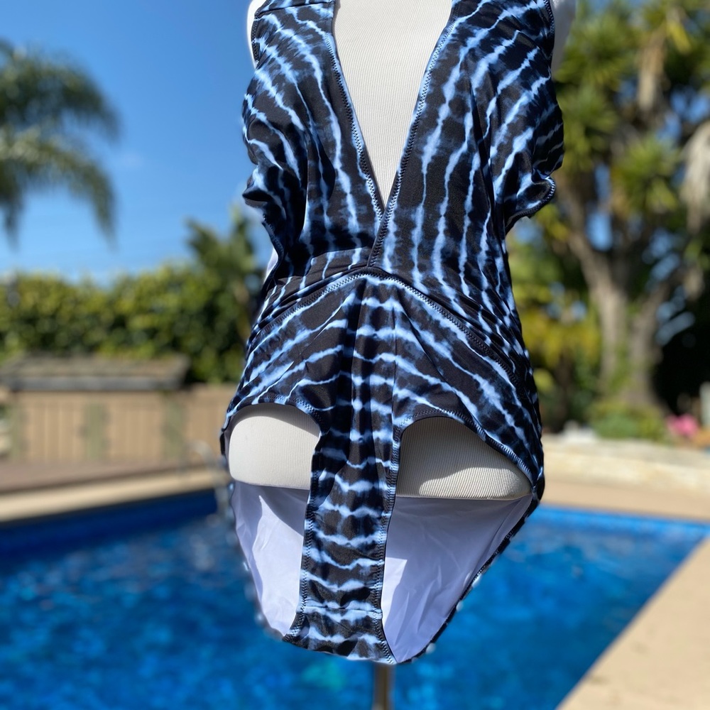 Halter Cutout Dark Blue Tie Dye One Piece Swimsuit - Picture 2 of 14